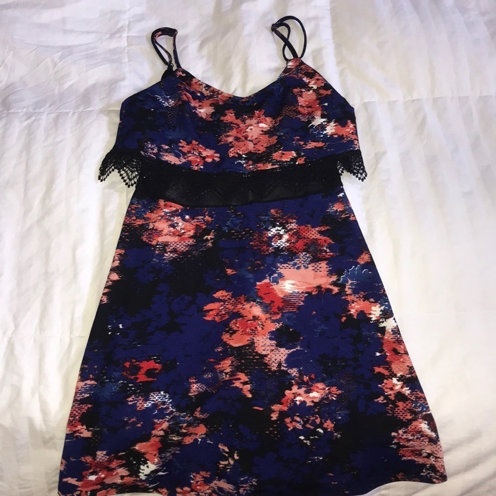 Material girl spaghetti strap sheer/crochet floral dress